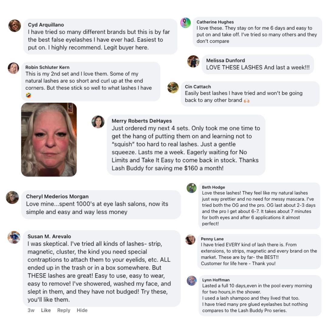 A collage of positive customer testimonials for a beauty product, with user photos and text comments.