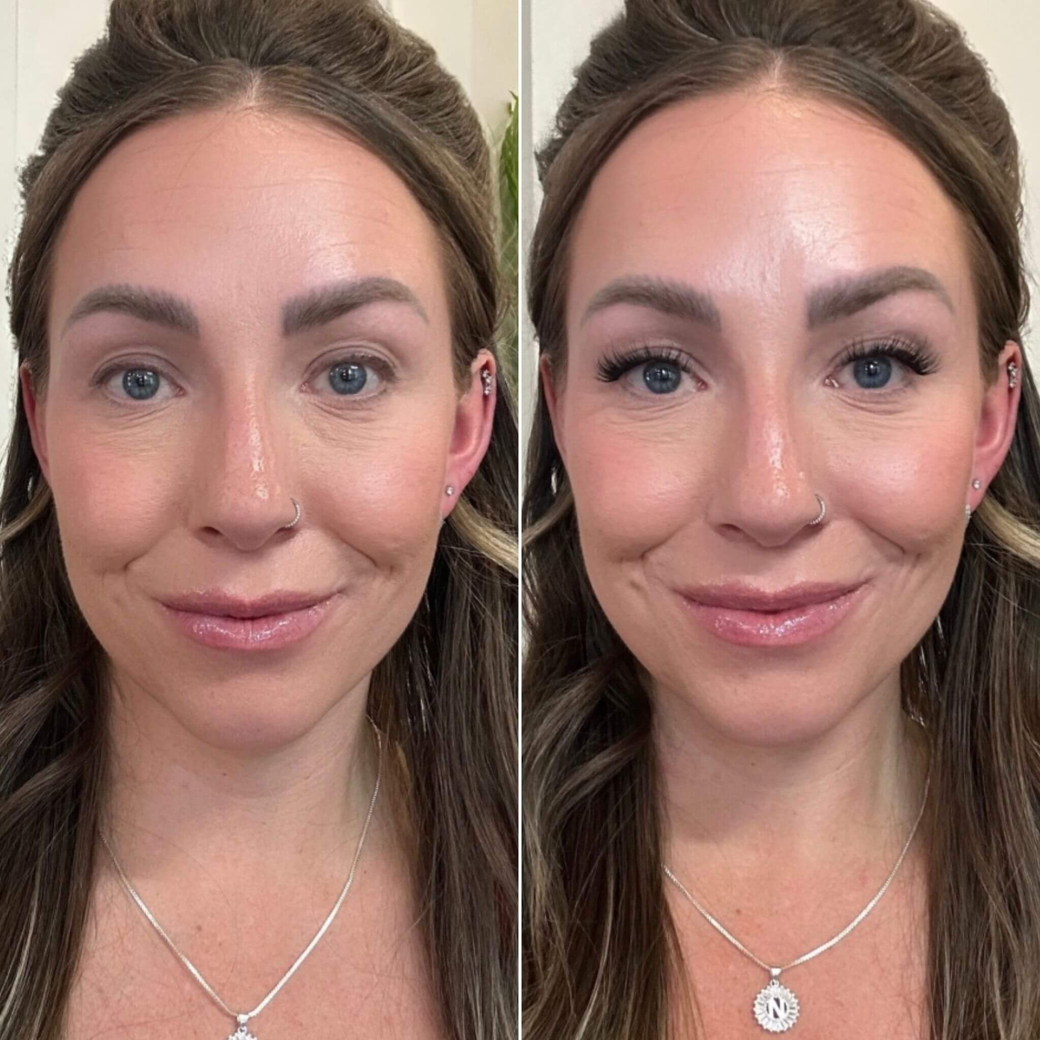 Side-by-side comparison of a woman's face with different makeup styles.