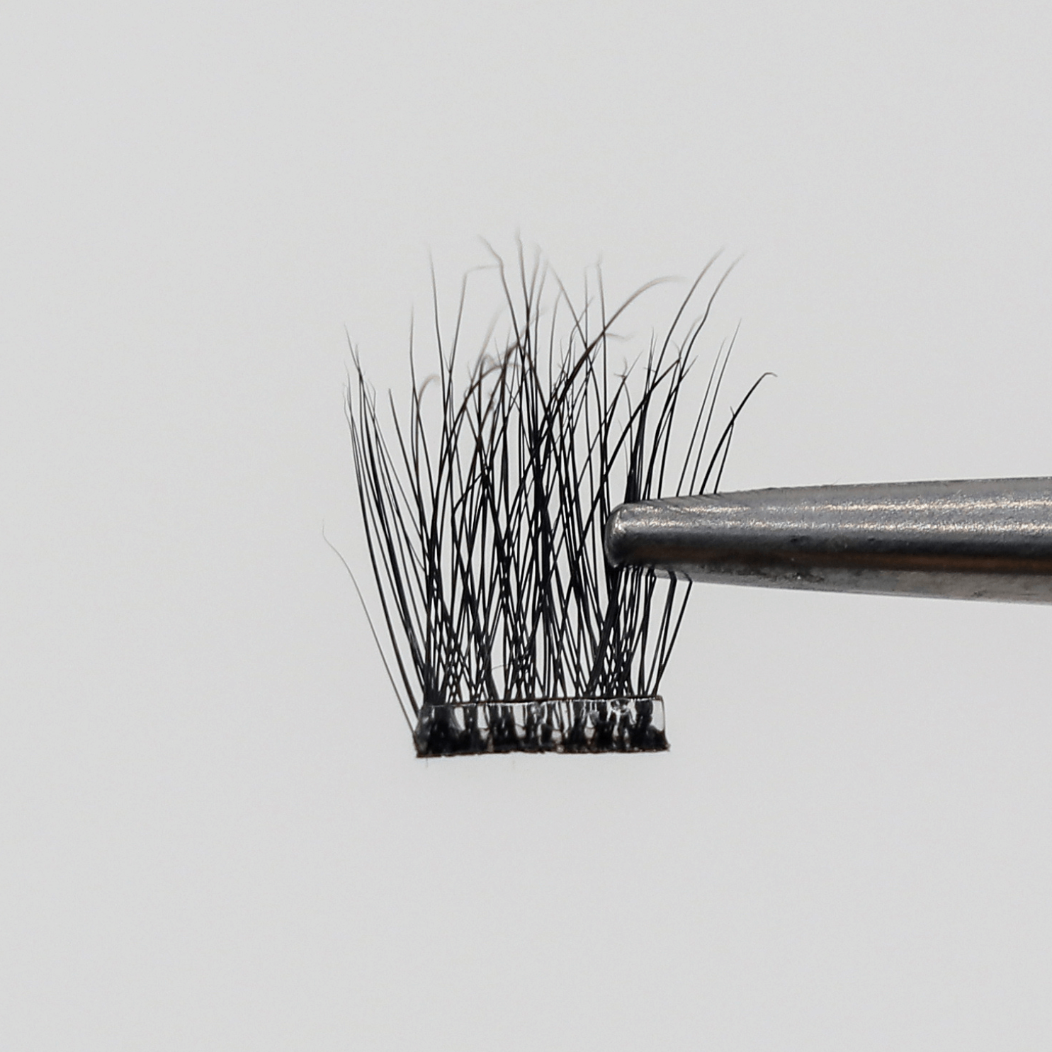 Tweezers holding a small cluster of false eyelashes.