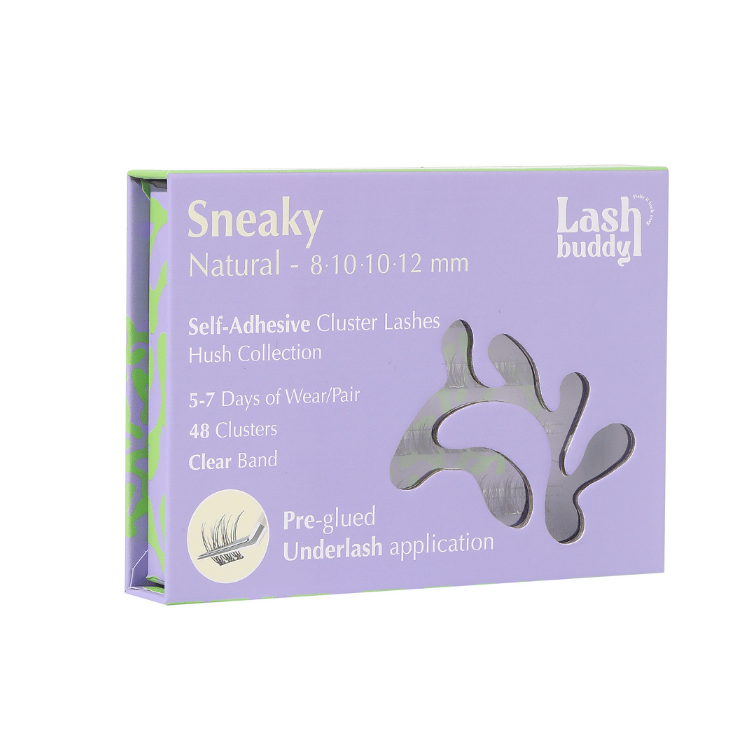 Purple eyelash packaging with 'Sneaky Natural' and cluster lash details.