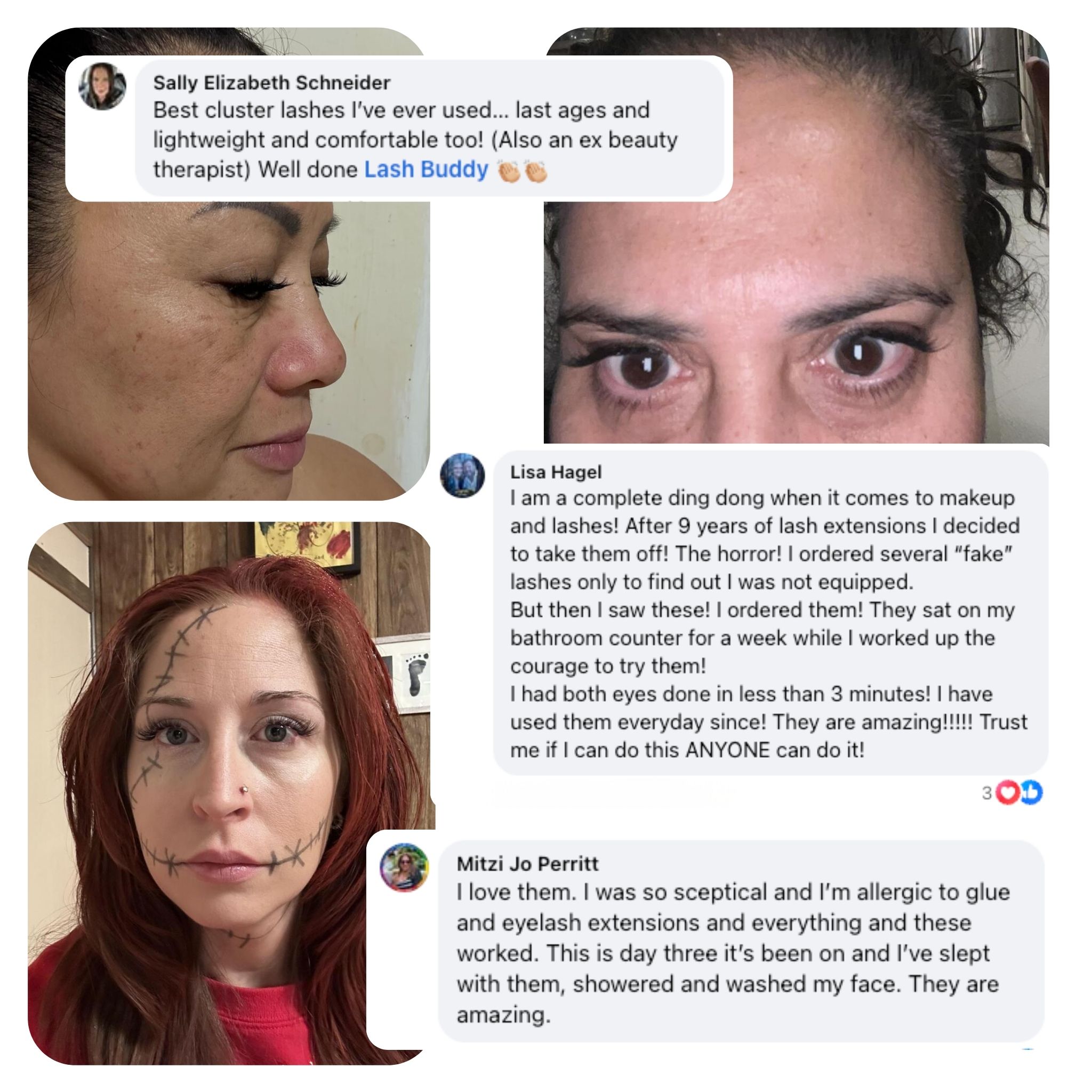 Collage of three women wearing false eyelashes with accompanying testimonial text.