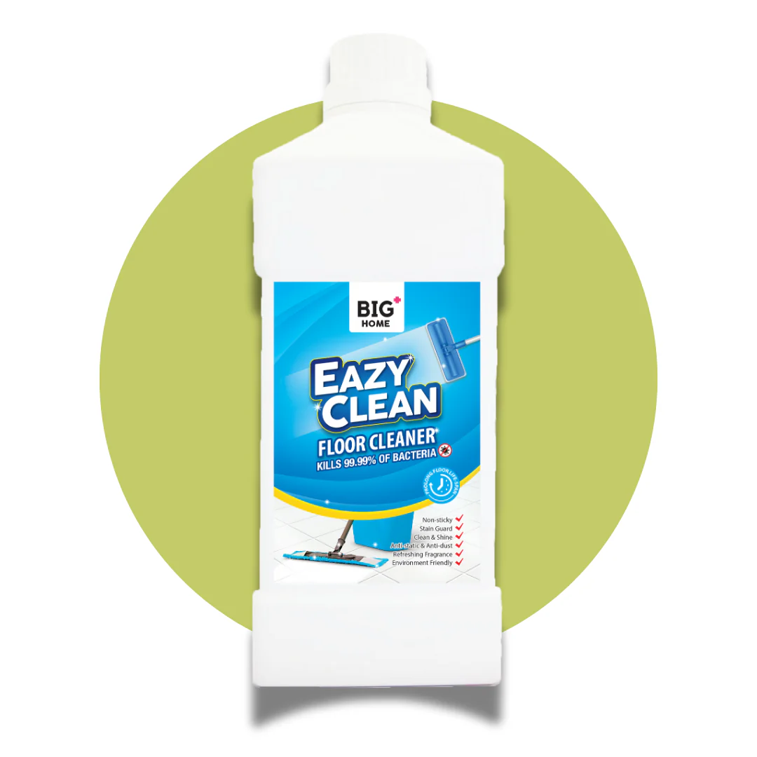 A white bottle of Big Home Eazy Clean Floor Cleaner against a green circular background.