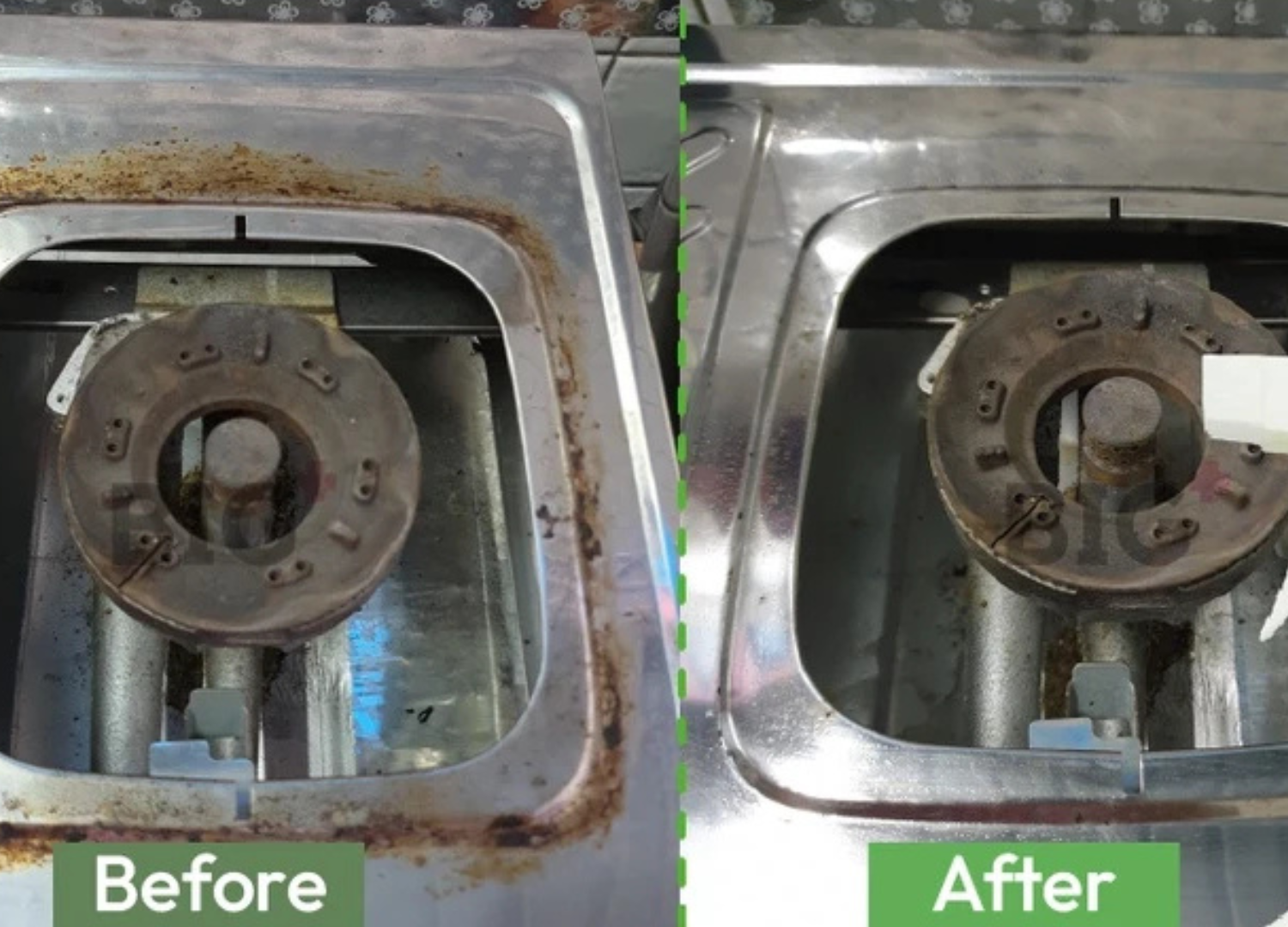 A before-and-after comparison of a gas stove burner, showing it dirty with rust and then perfectly clean.