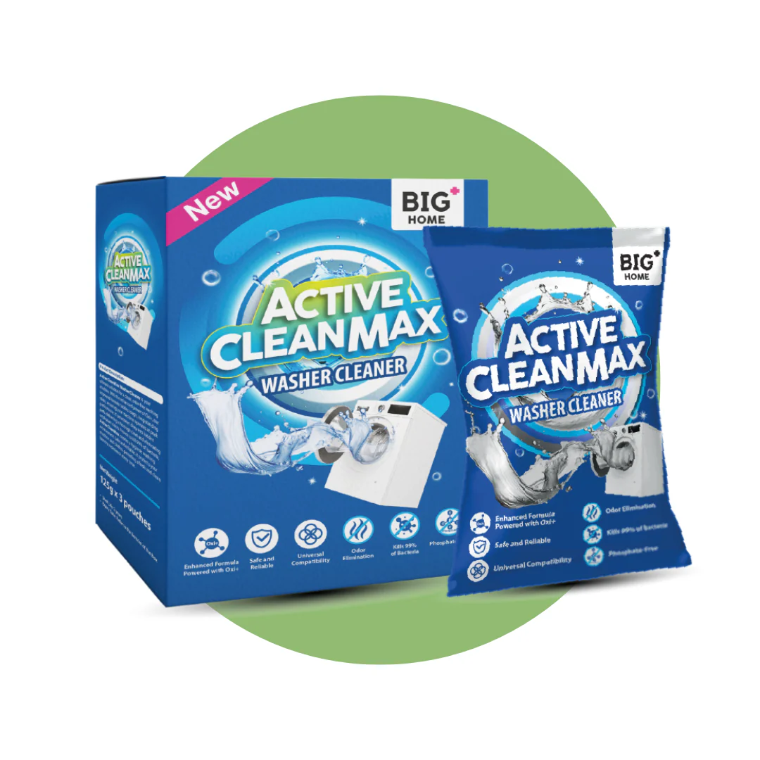 A box and single-use pouch of Active Clean Max Washer Cleaner on a white and green background.