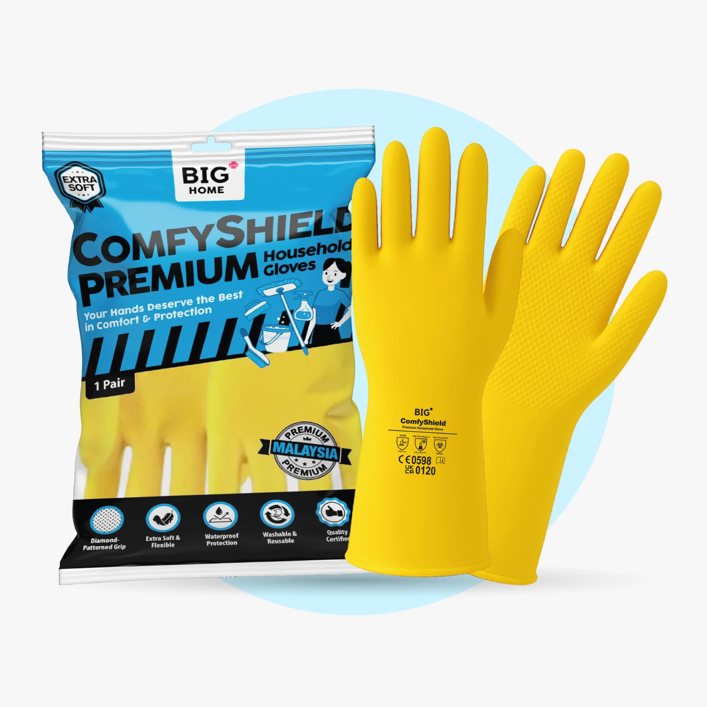 A pair of yellow ComfyShield household gloves next to their packaging on a white and blue background.