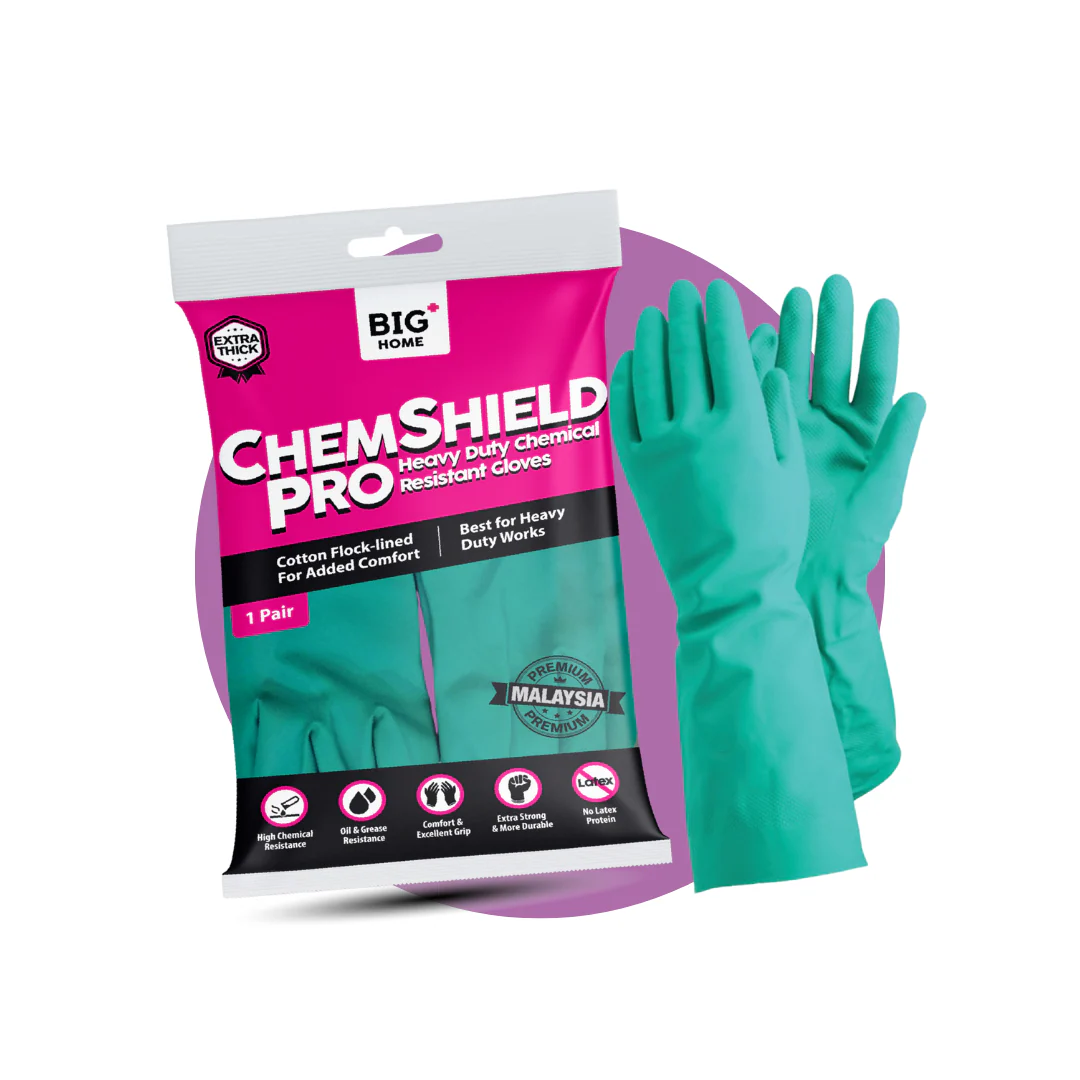 A package of Chemshield Pro heavy-duty chemical resistant gloves next to a pair of green gloves.