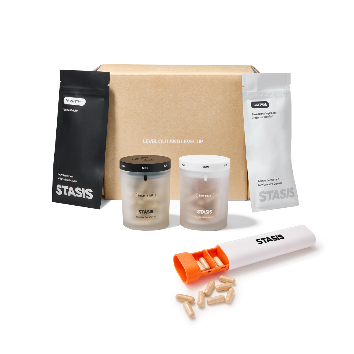 Stasis dietary supplements with daytime and nighttime packaging in front of a brown box.