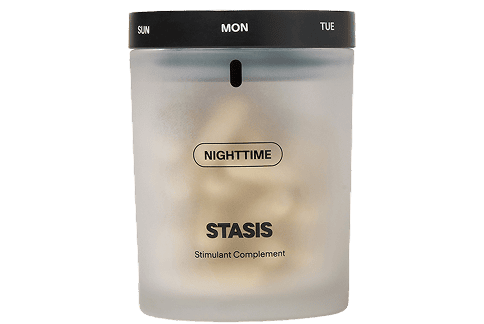 Frosted jar labeled 'STASIS: Stimulant Complement' with days of the week on the lid.