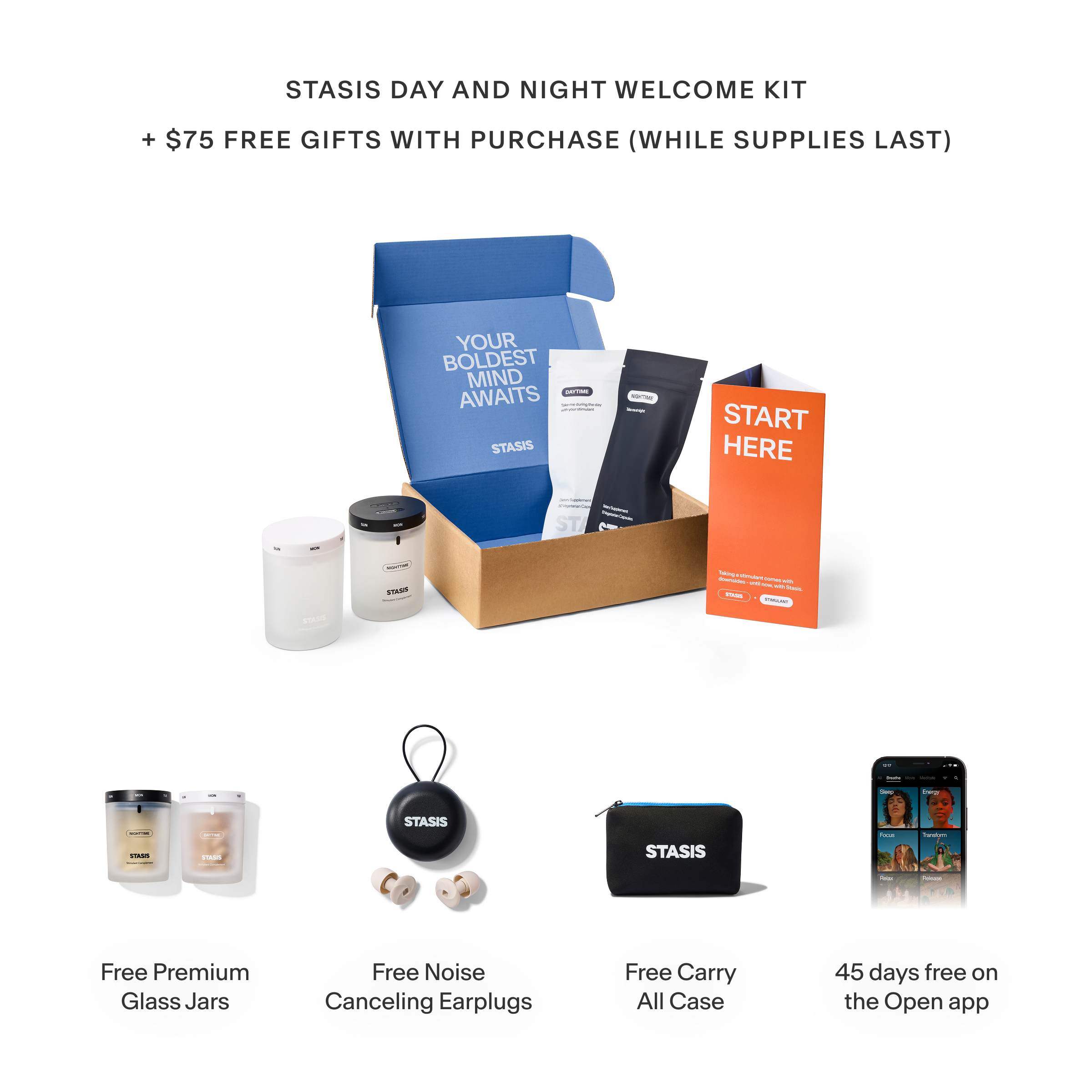 Stasis welcome kit with products, including glass jars, earplugs, pouch, and smartphone app access.