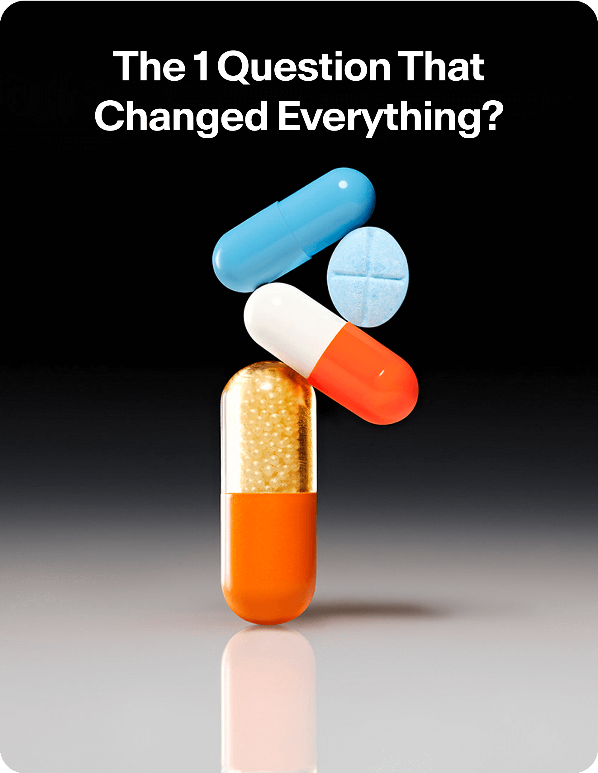 Four colorful pills floating against a dark background with text above.