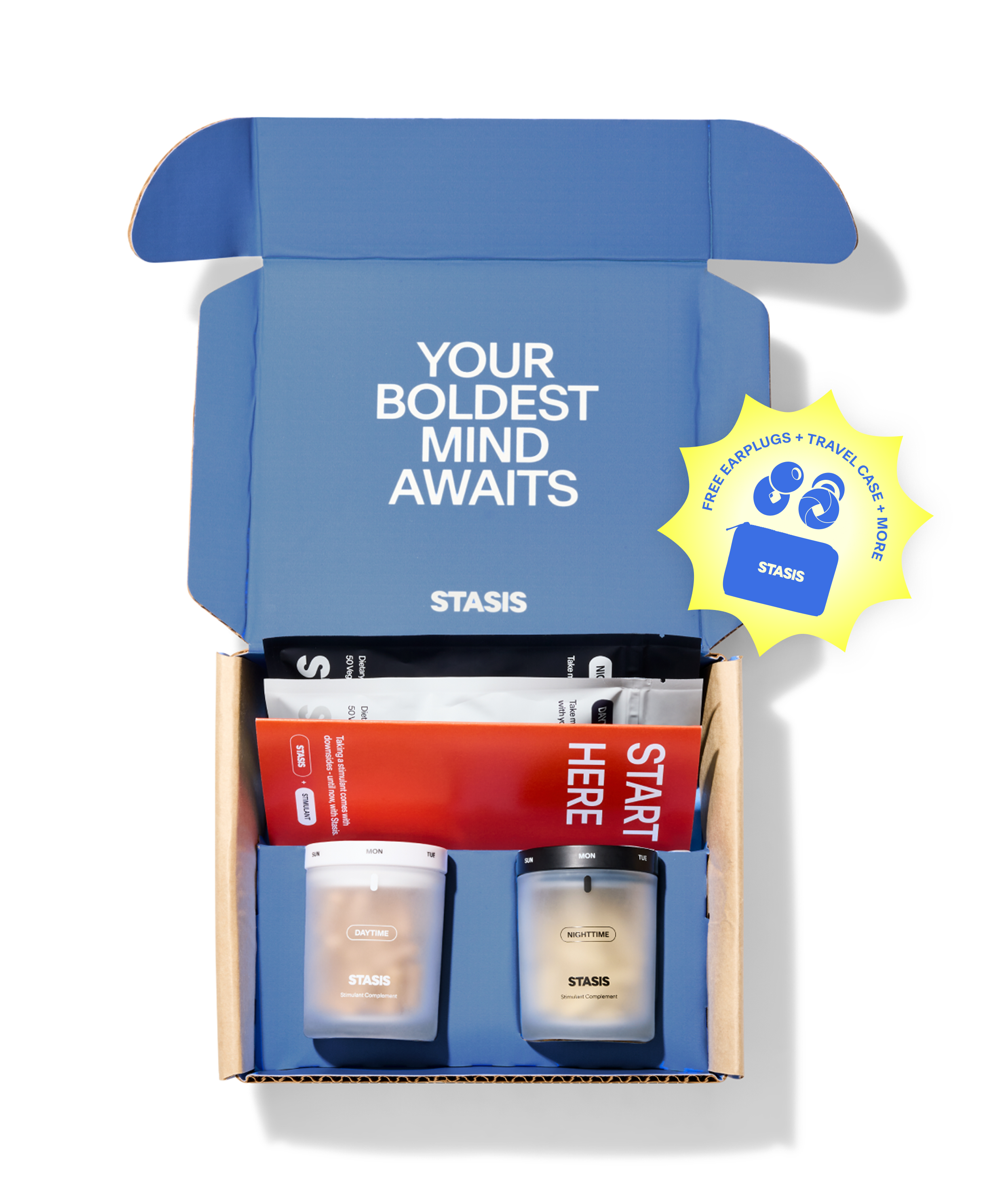 Open blue box with supplements and 'Your Boldest Mind Awaits' text inside.