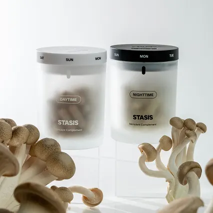 Two labeled containers surrounded by clusters of mushrooms on a white background.
