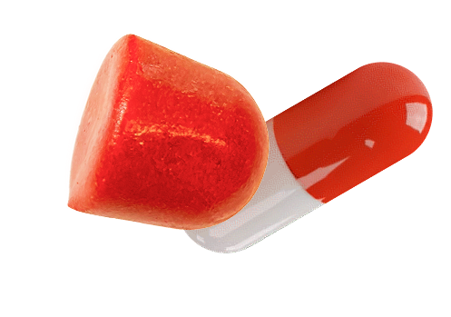 Red and orange capsule with a transparent section.