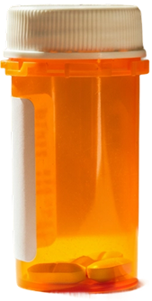 Orange prescription bottle with white cap, containing small pills.