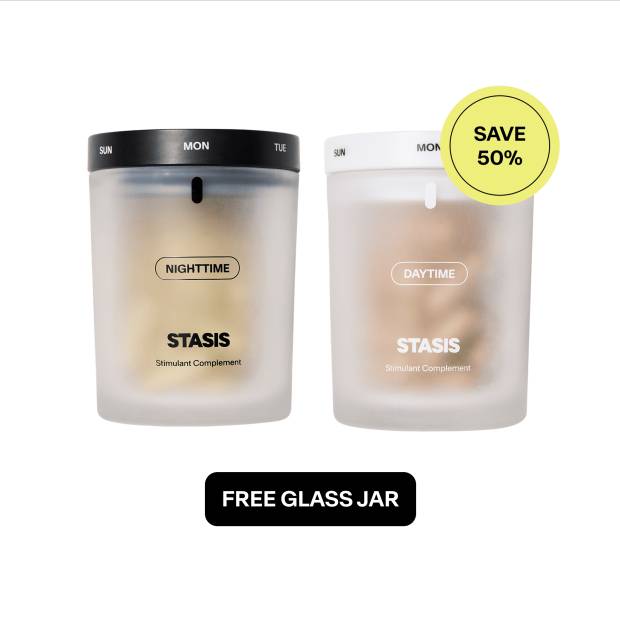 Two glass jars labeled 'Nighttime' and 'Daytime' with a 50% off sticker.