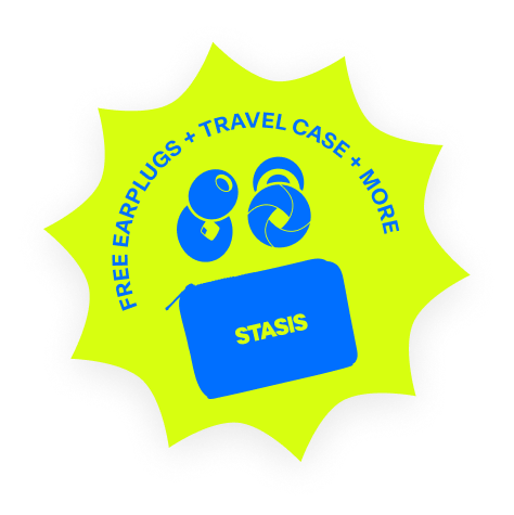 A lime-green starburst graphic advertising free earplugs, a travel case, and more with blue icons.