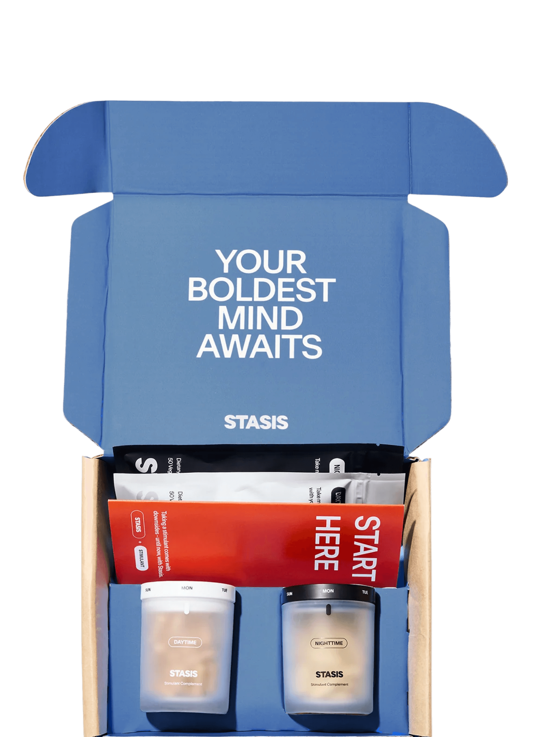 Open blue box with supplements and text 'Your Boldest Mind Awaits'.