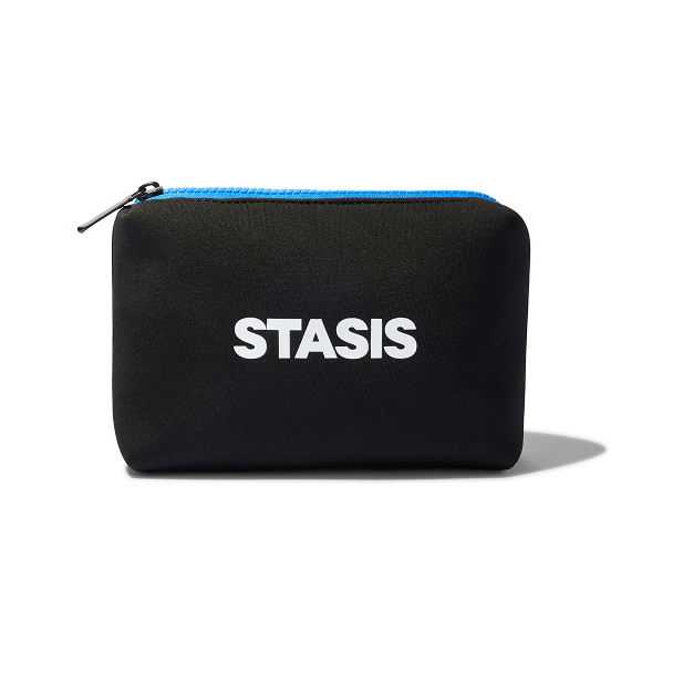 Black pouch with 'STASIS' text and blue zipper.