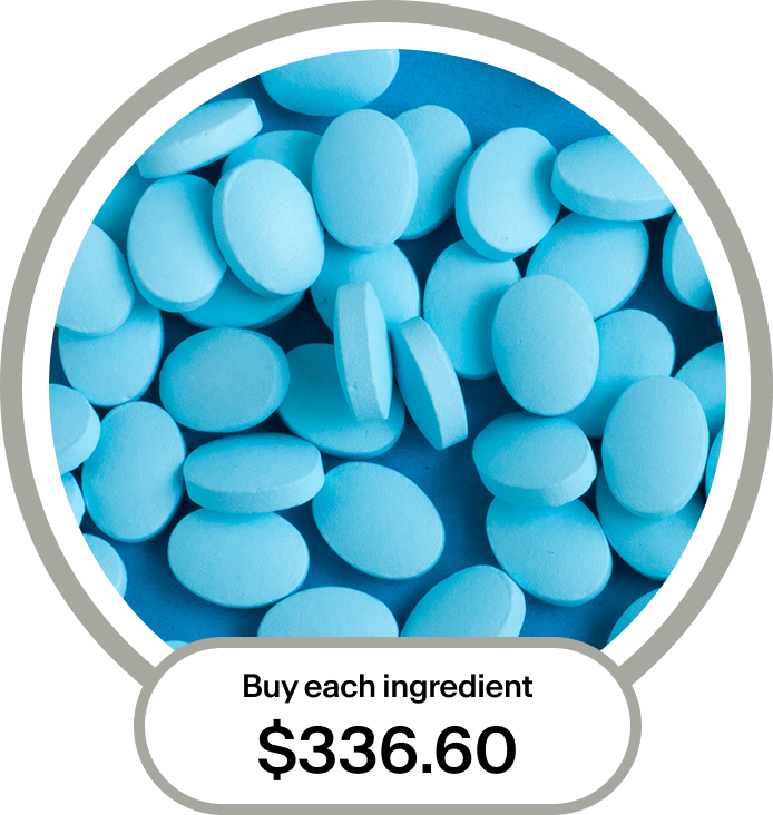 Blue tablets scattered in a circular frame with price label below.