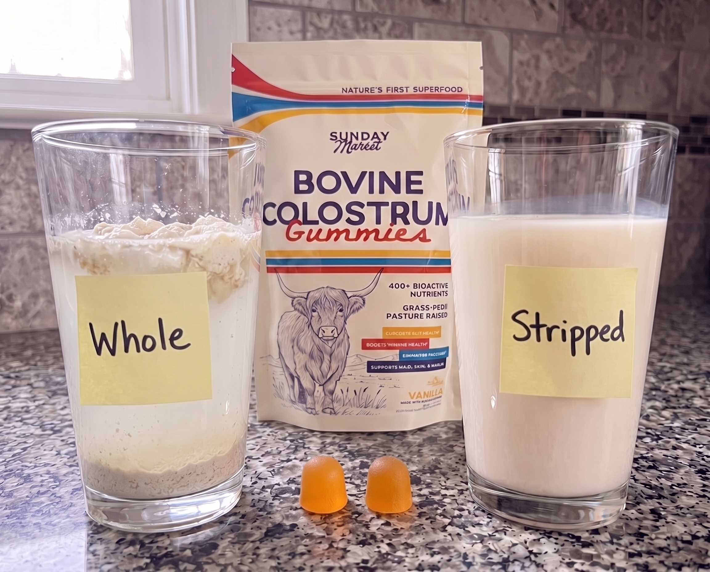 A bag of bovine colostrum gummies with two glasses of milk labeled 'Whole' and 'Stripped'.