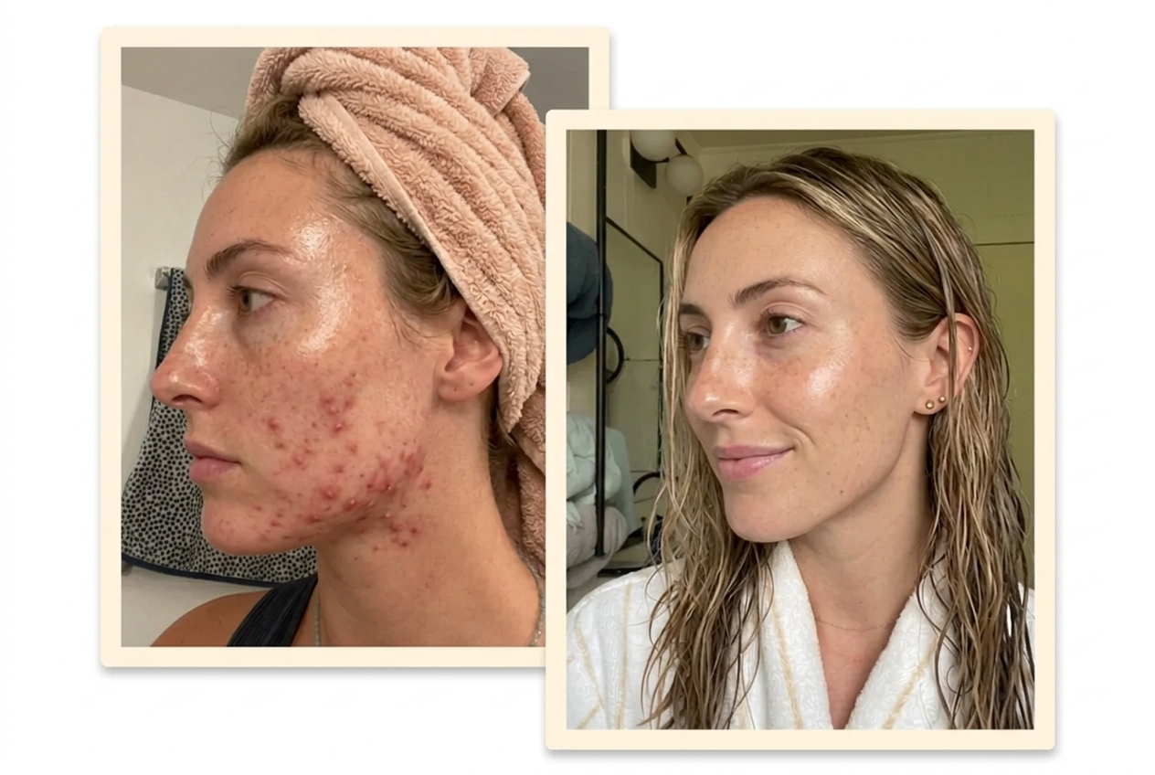 Before and after photos showing a woman's face with acne on the left and clearer skin on the right.