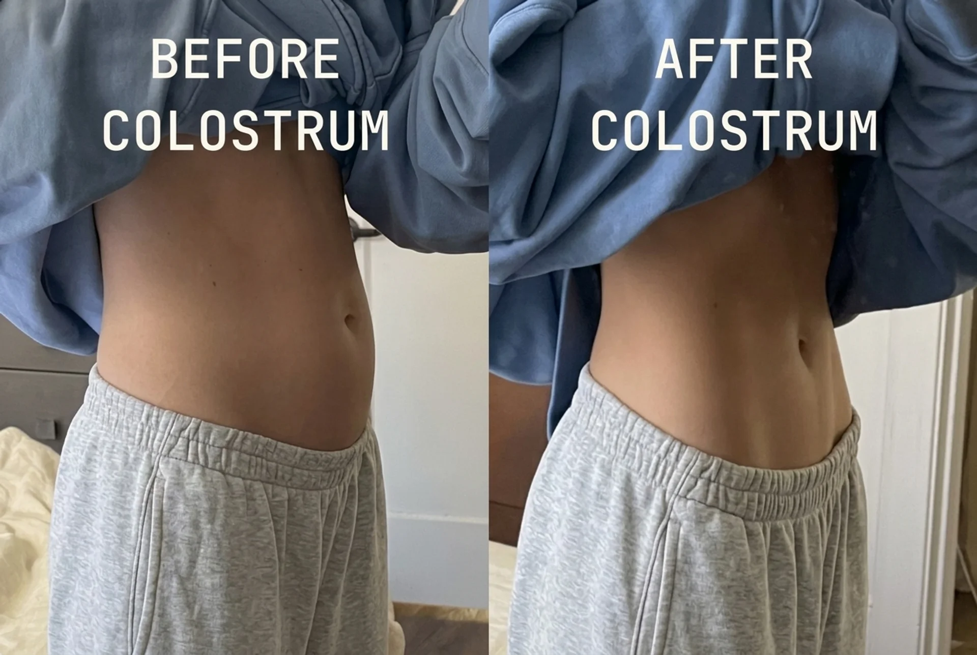 A before-and-after comparison image of a person's stomach, showing a visible reduction in bloating.