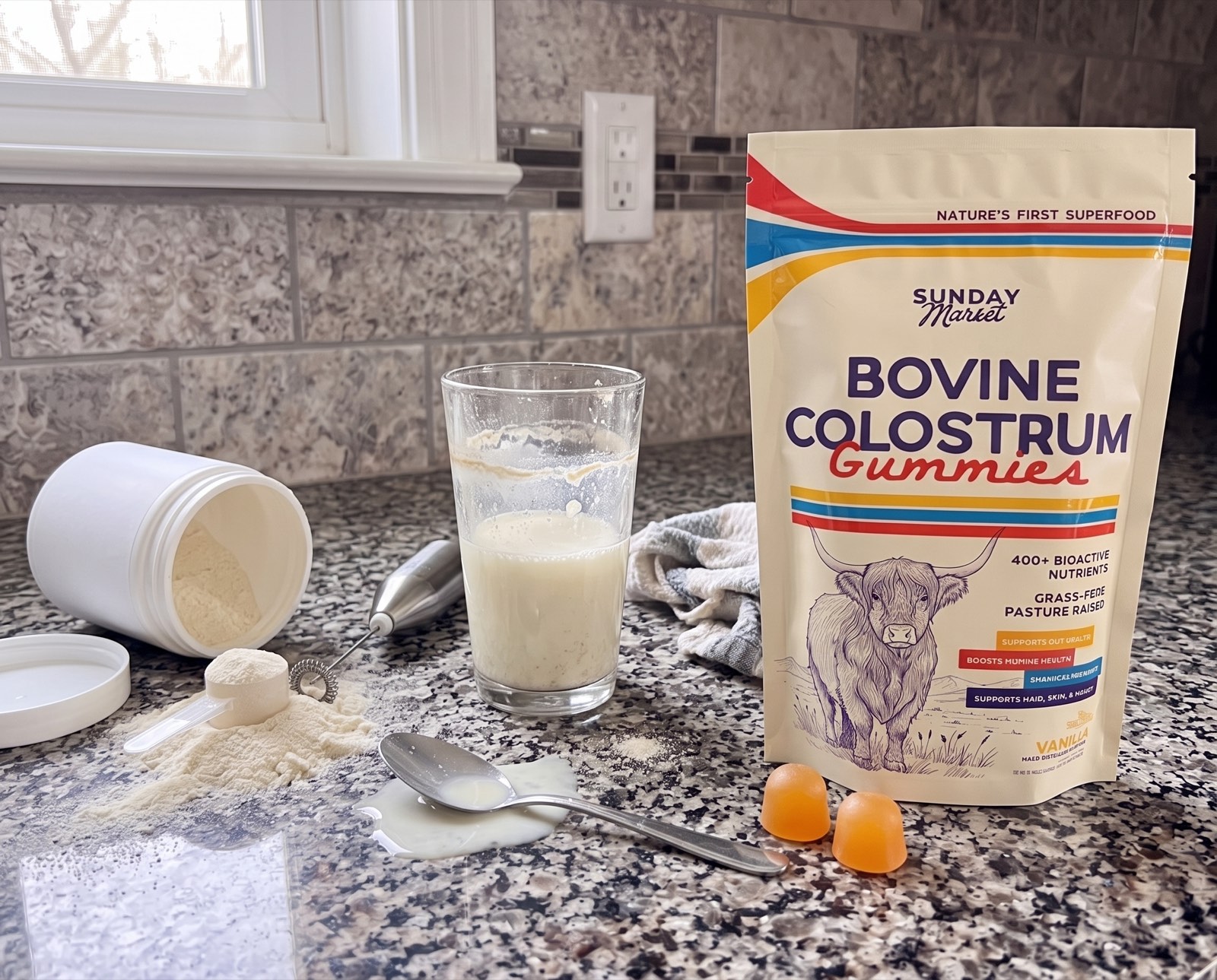 A messy kitchen counter with bovine colostrum powder, gummies, and a mixed drink in a glass.