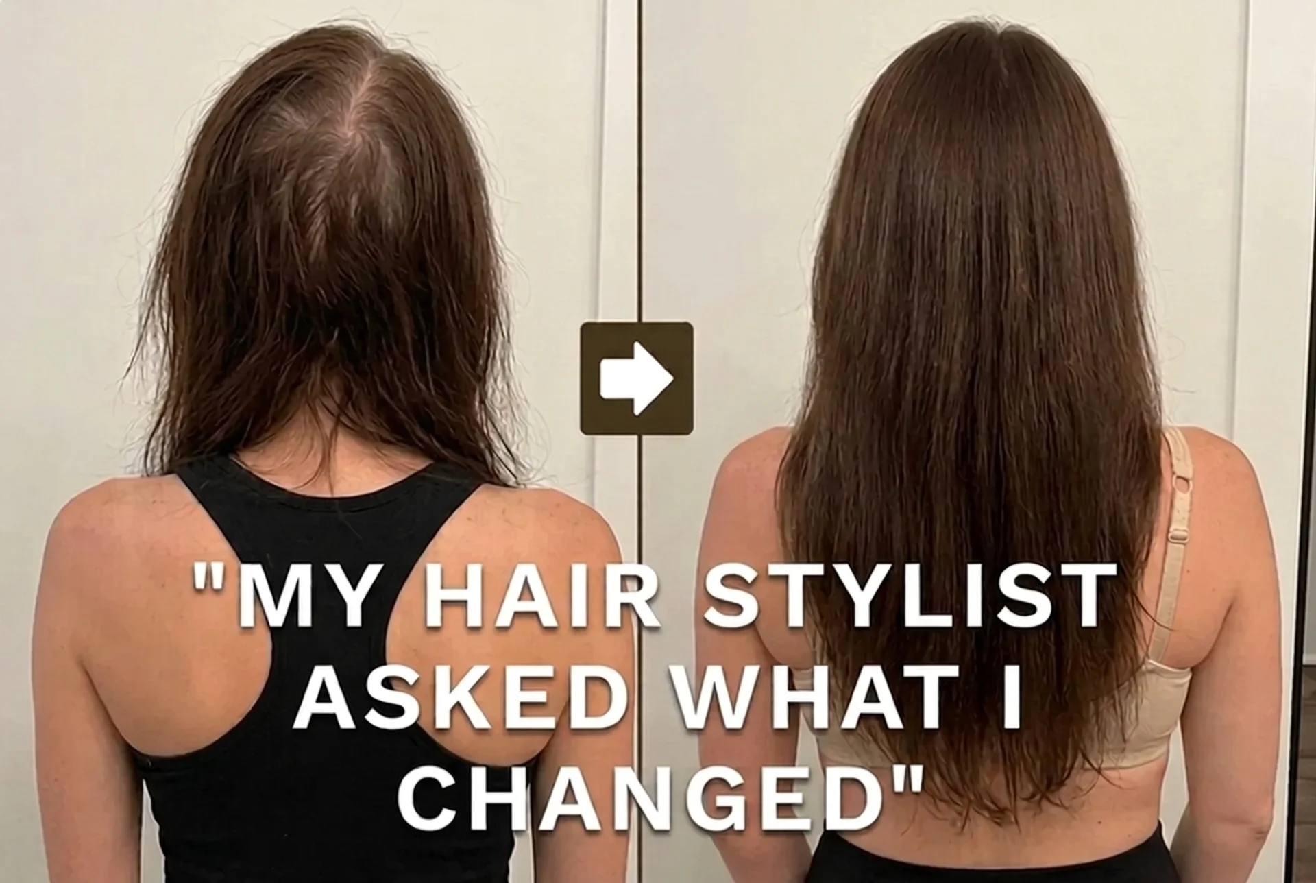 A before-and-after image showing the back of a woman's hair, appearing much fuller and thicker on the right.