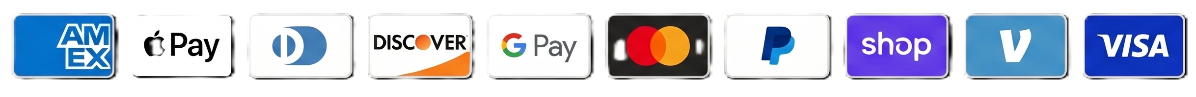 A row of logos for various payment methods, including Visa, Mastercard, American Express, and PayPal.