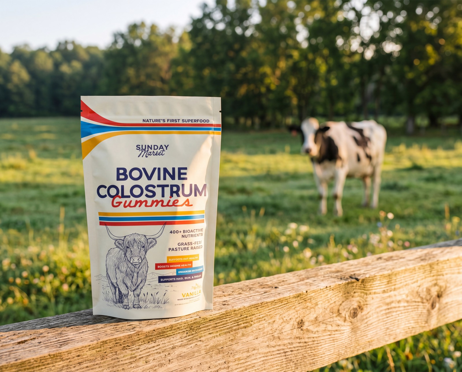 A pouch of Bovine Colostrum Gummies rests on a wooden fence with a cow in a green pasture behind.
