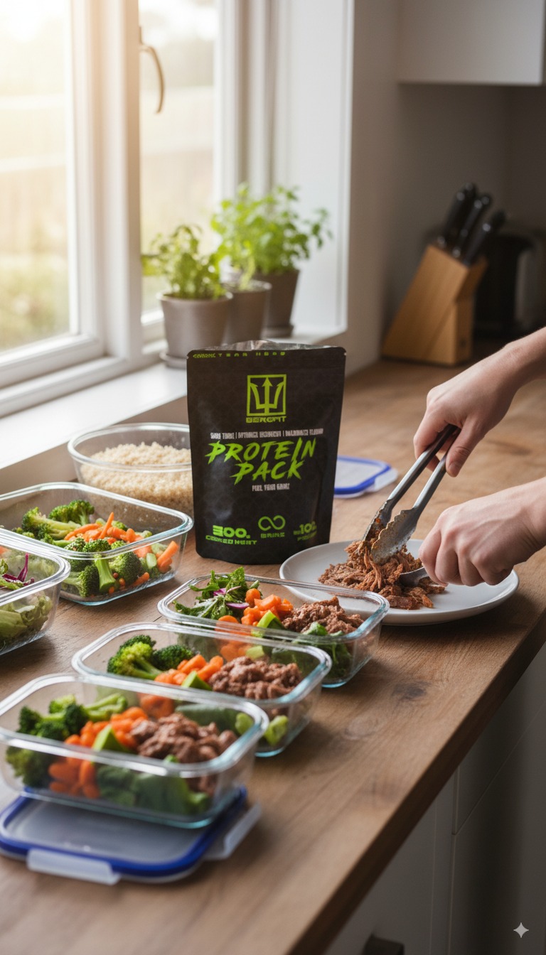 Meal prep with vegetables and protein portions in containers on a kitchen counter.