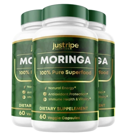 Three bottles of Justripe Nutrition Moringa dietary supplement against a white background.