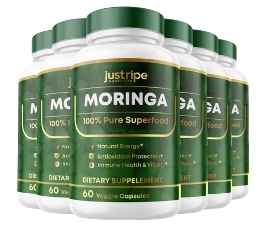 Several bottles of Justripe Nutrition Moringa 100% Pure Superfood dietary supplement against a white background.