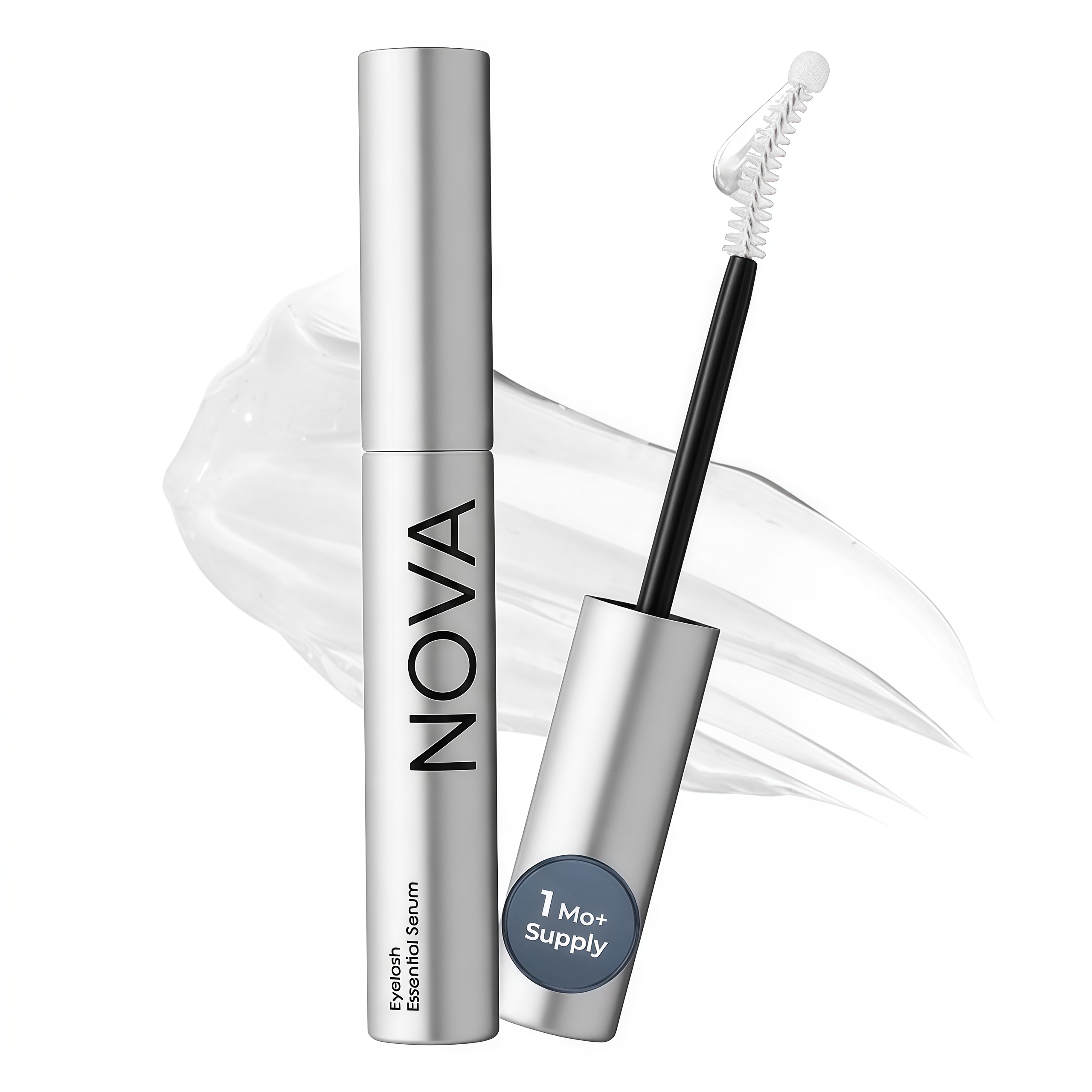 A silver tube of NOVA Eyelash Essential Serum with the applicator wand and a smear of clear gel.