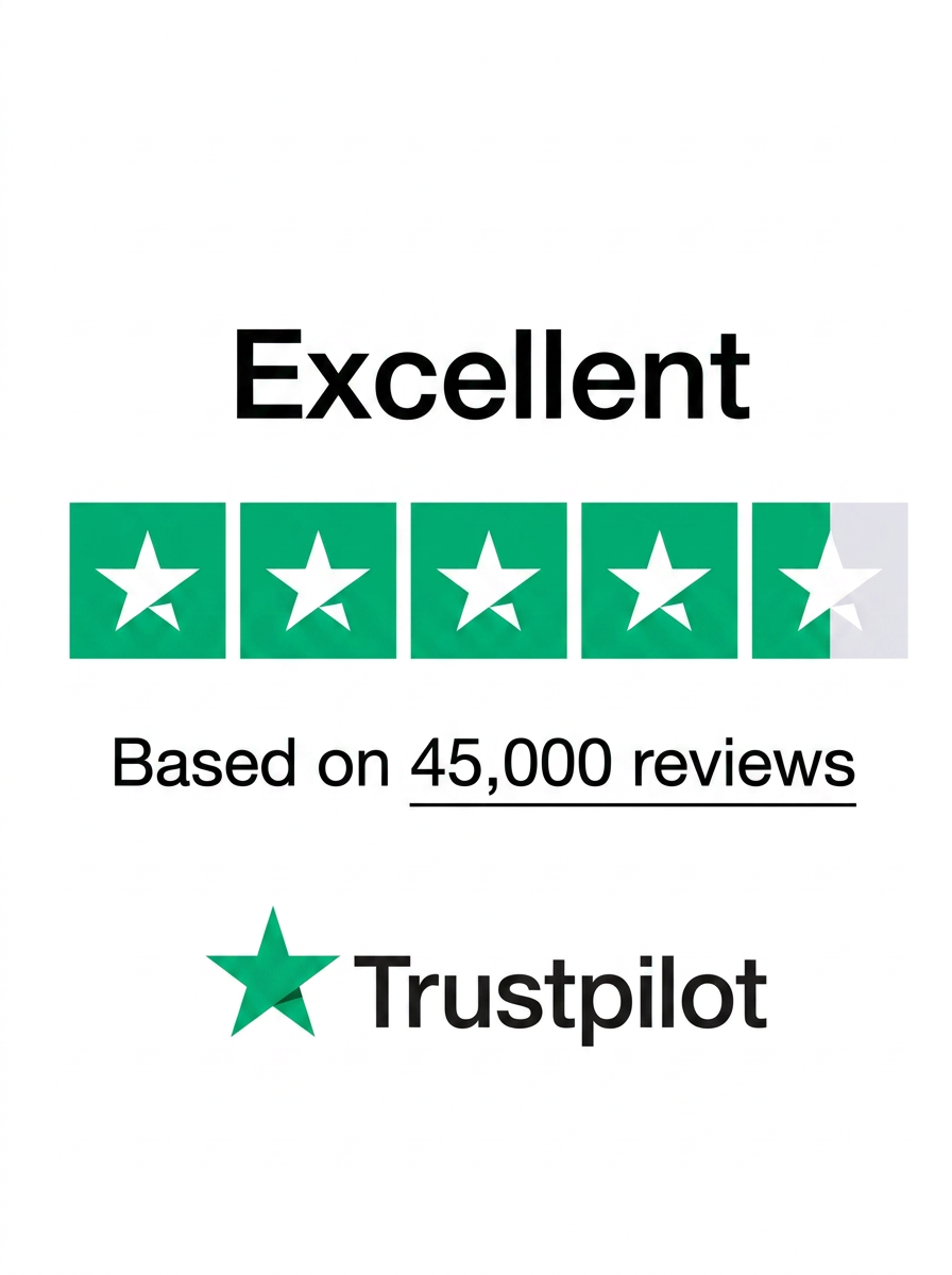 Trustpilot rating graphic showing 'Excellent', 4.5 stars, based on 45,000 reviews.