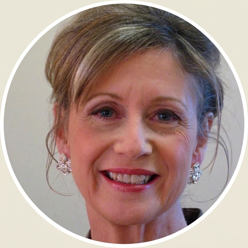 A headshot of a smiling woman with light brown hair in an updo and sparkly earrings.