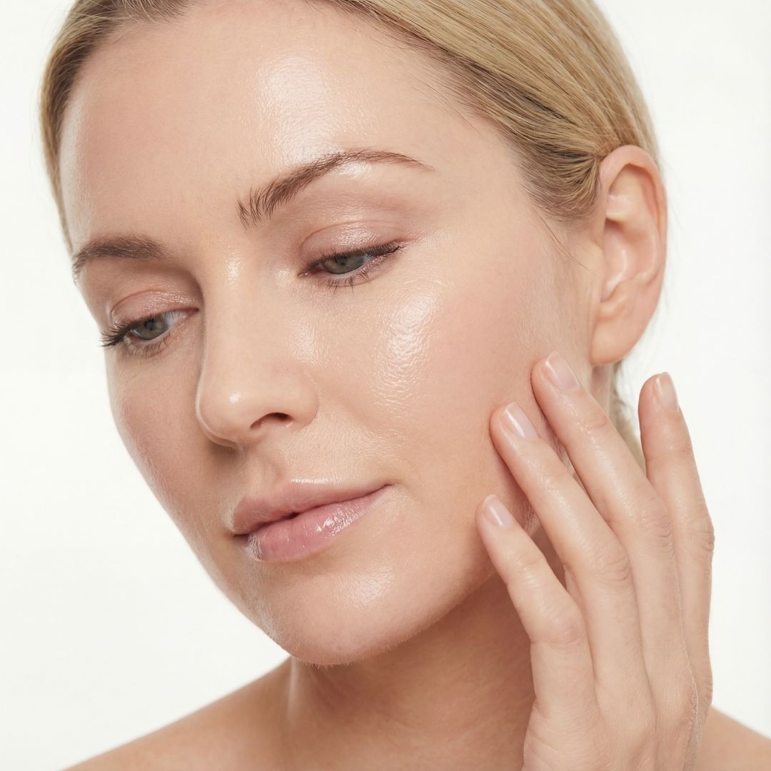 A close-up of a blonde woman with glowing skin gently touching her cheek against a white background.
