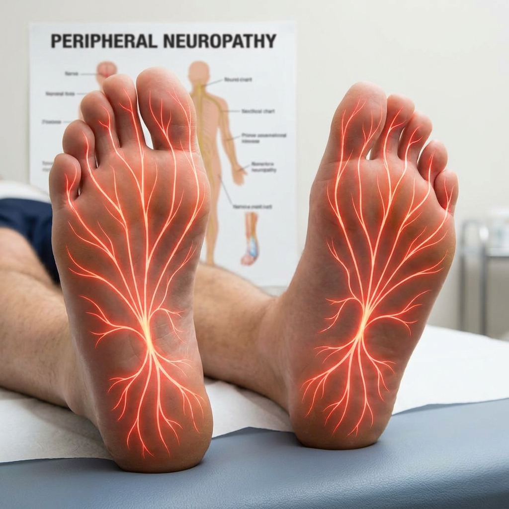 A medical illustration of peripheral neuropathy showing the glowing nerves in the soles of a person's feet.