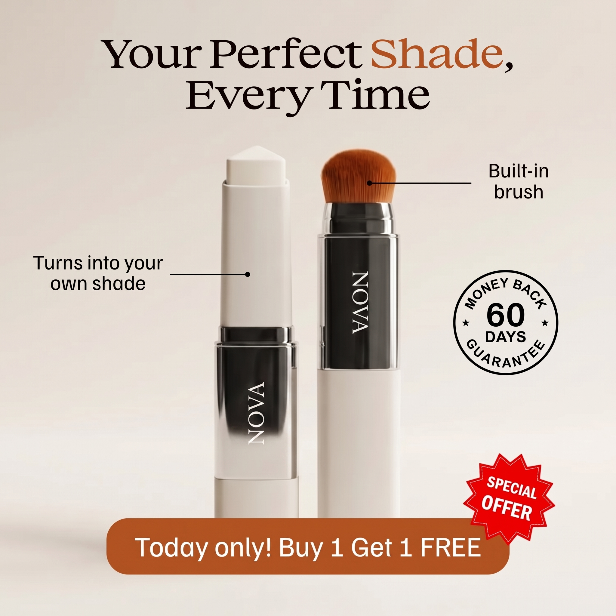 Advertisement for NOVA makeup stick and built-in brush, showing a buy one, get one free offer.