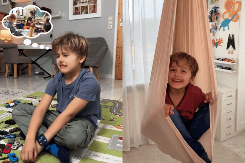 Two images: a boy sitting with toys, and a boy smiling in a fabric swing.