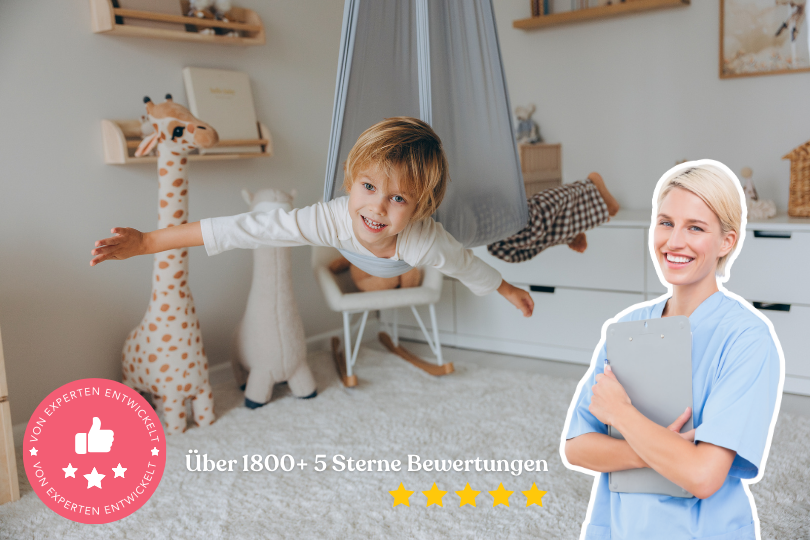 Child playing in a hammock with a smiling woman holding a clipboard, giraffe toys in the background.