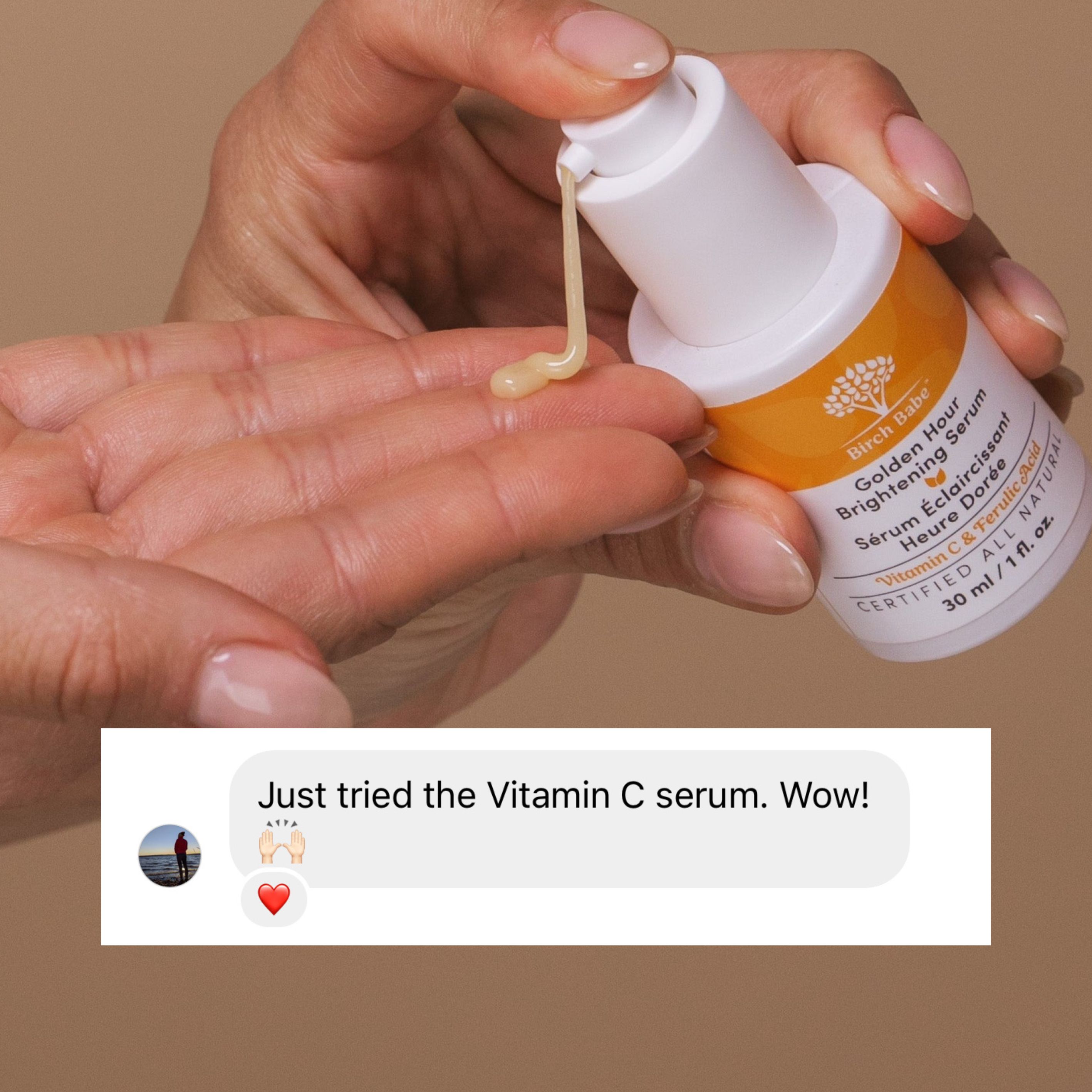 Hand applying serum from a bottle with text overlay saying 'Just tried the Vitamin C serum. Wow!'