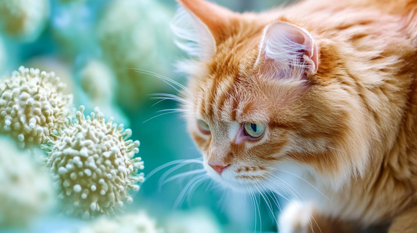 A composite image of a ginger cat looking down towards several magnified virus-like cells.