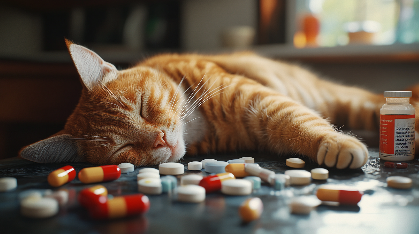 An orange tabby cat lies on a dark surface, surrounded by scattered pills and a medicine bottle.
