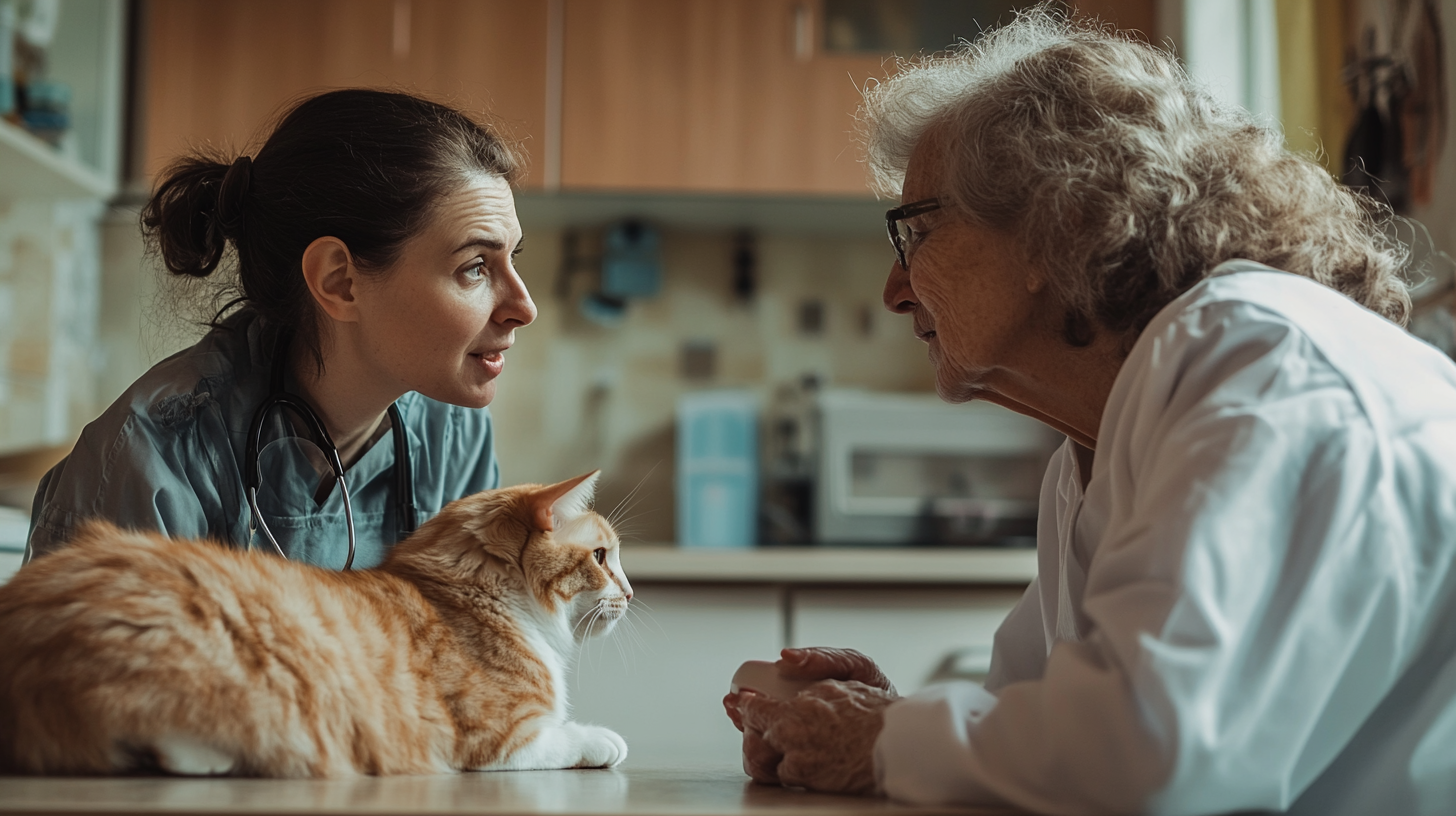 A veterinarian talks to an elderly woman as her orange cat lies on the table between them.