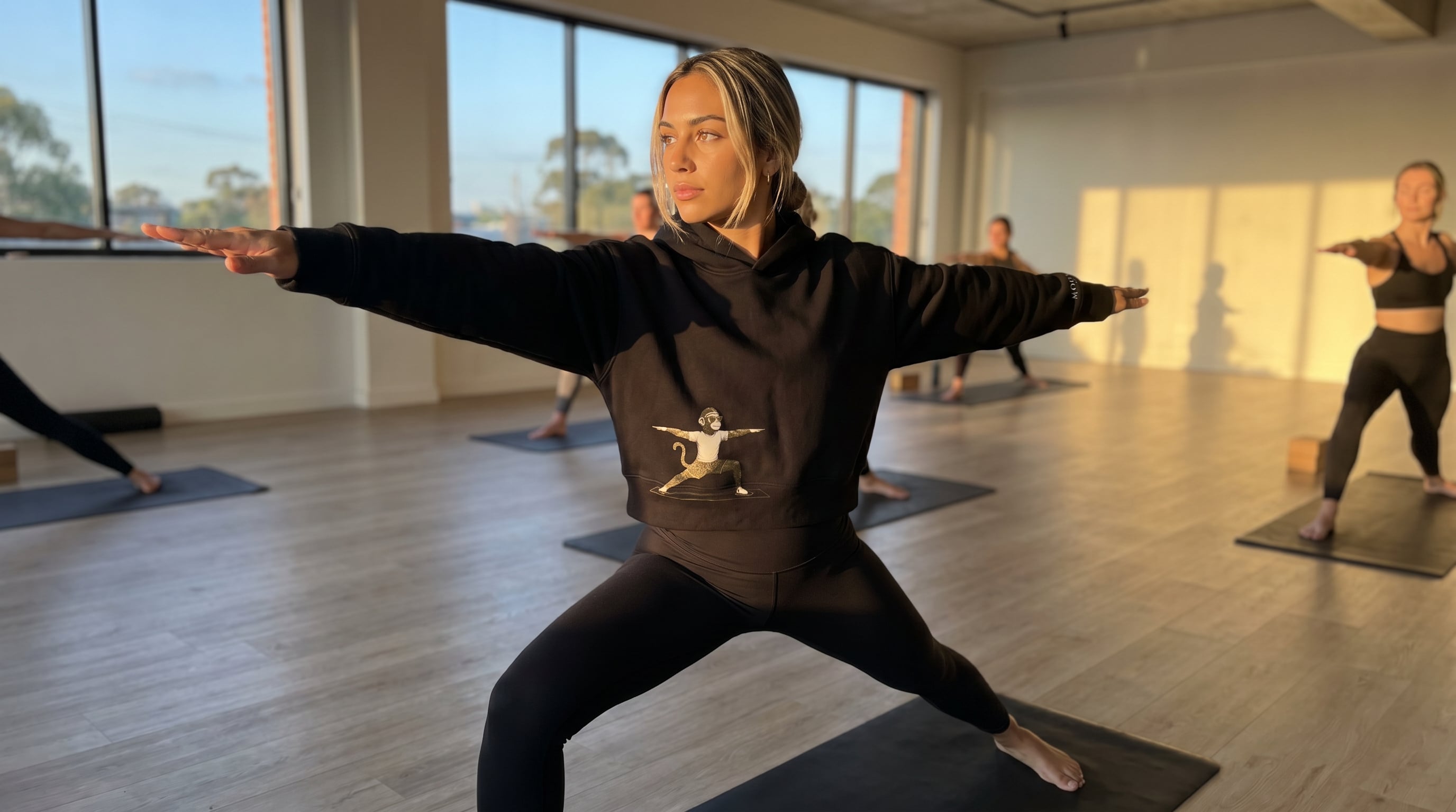A woman in a black hoodie holds a warrior yoga pose during a class in a sunlit studio.