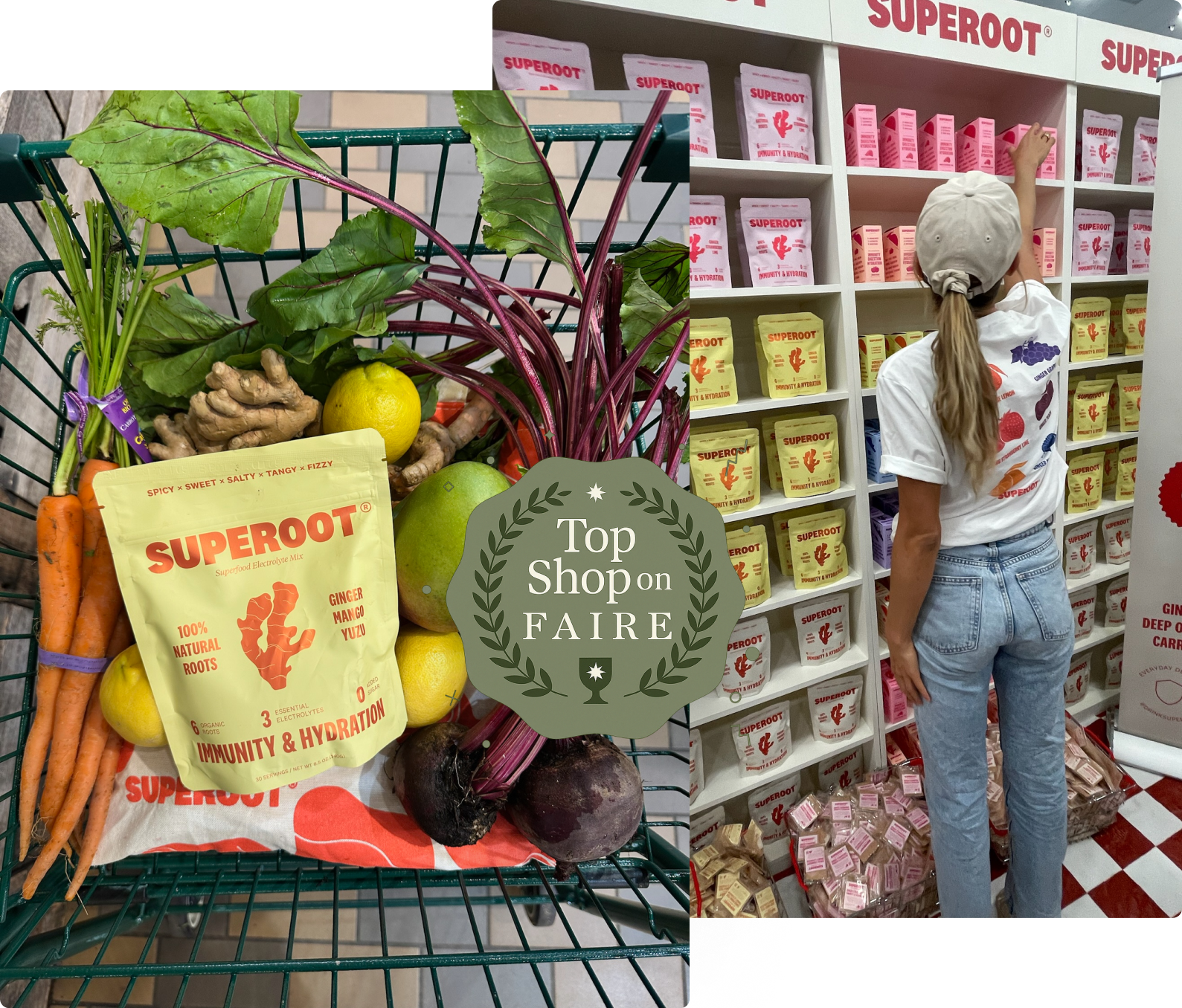 A person shopping for Superroot products, with a cart of vegetables and a display of Superroot packages.