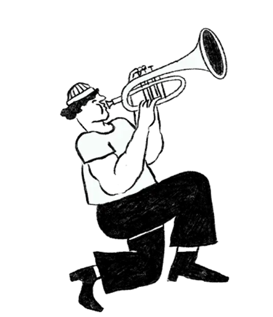 Illustration of person playing a trumpet and kneeling.