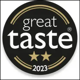 Black badge with 'great taste' text and two stars, dated 2023.
