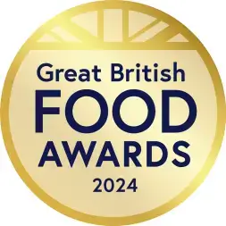 Gold circular logo with 'Great British Food Awards 2024' text.